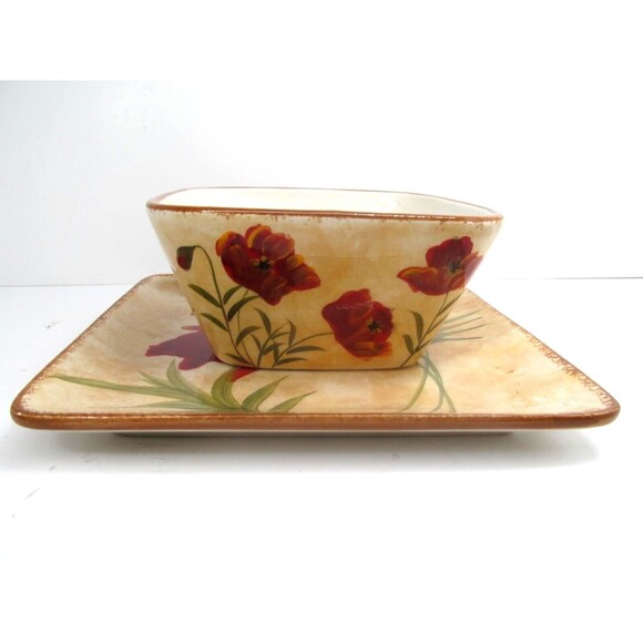 Pier 1 "Poppies" 8" Square Salad Plate And 6" Square Bowl EUC Very Nice No Issue - Picture 3 of 12